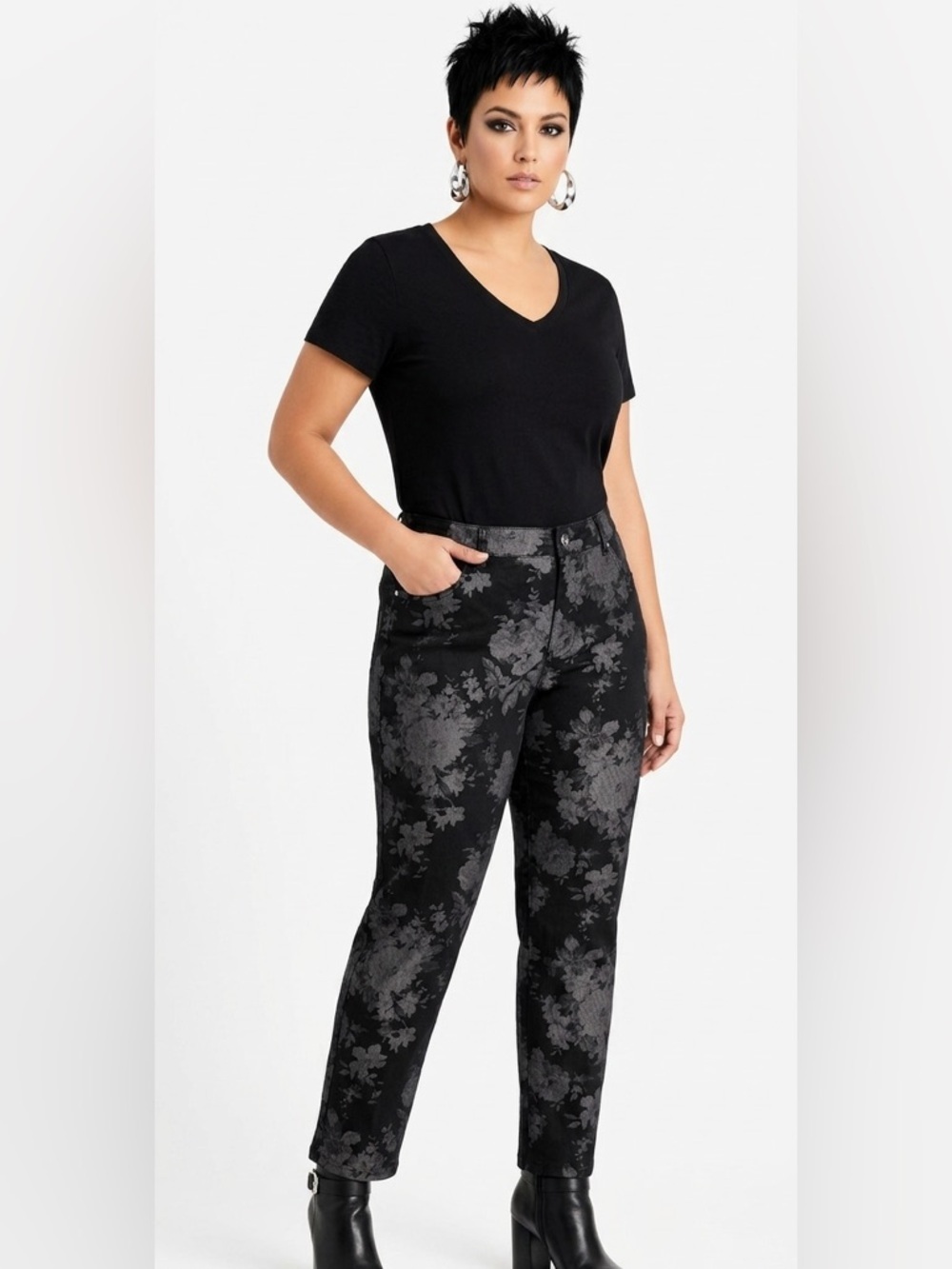 LINEA DOMANI Black & Gray Floral Print Straight Leg Pants Size 8